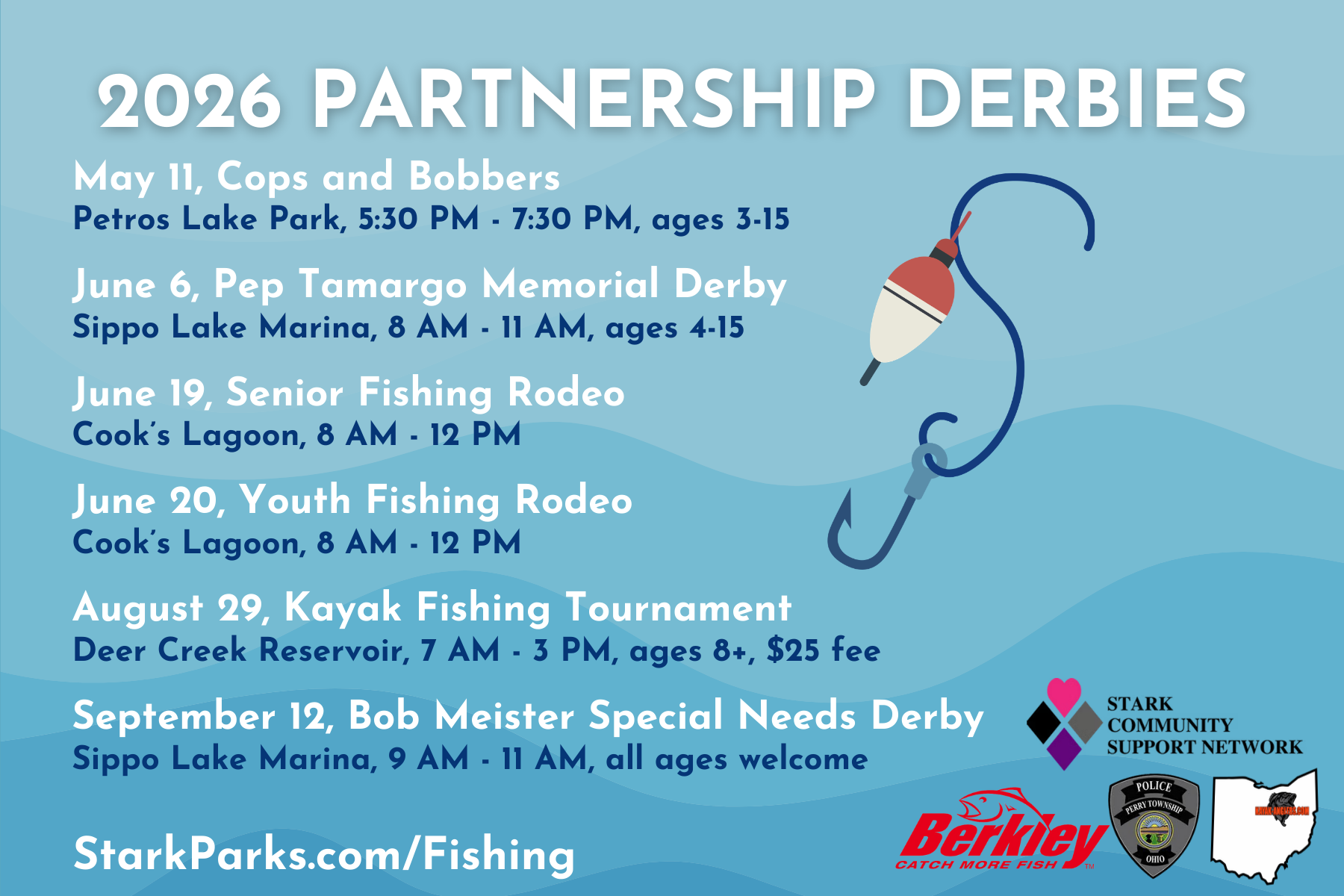 2026 Fishing Derby Schedule with partners with bobber and fishing line